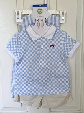 NEW Little Me 3 Pc Toddler Set Romper Top Shorts NWT 12 M Cars Embroidered